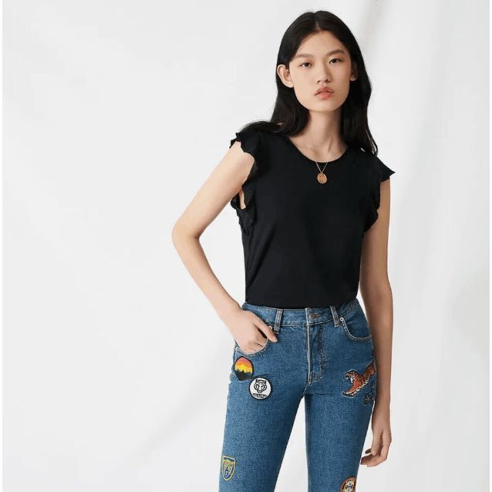 Maje Ruffle Sleeve Top Black Cap Sleeve Raw Hem Neckline Tank Size Large
